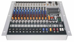 Front of Peavey XR 1212 Powered Mixer showing sliders and control knobs. Features include • 12 XLR mic channels • Dual 600W amps lightweight Class D • Auto GEQ • Feedback Ferret(r) • 4-band EQ on input channels • Digital effects • Rack mountable • Dual 9-band graphic EQ • Two monitor sends • Dedicated effect return fader
