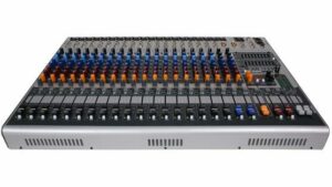 Front of Peavey XR 1220 Powered Mixer Console showing sliders, control knobs and cable ports. It features 20 XLR mic channels.