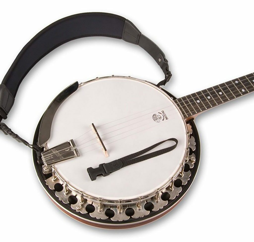 black Neotech Super Banjo Strap fitted to 5-string banjo
