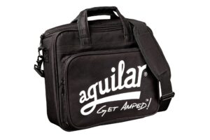 Black Aguilar Carry Bag for Tonehammer 500 bass head. Side view showing white Aguliar logo and carry strap