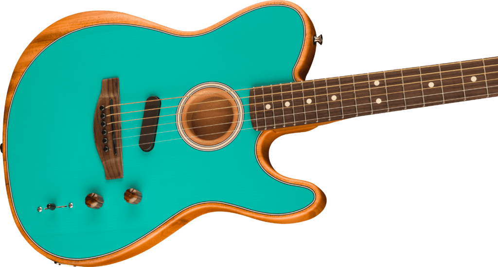 Fender Limited Edition Acoustasonic Player in Miami Blue. 6-string guitar sitting horizontal displaying body and soundhole