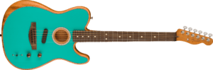 Fender Limited Edition Acoustasonic Player in Miami Blue. 6-string guitar sitting horizontal