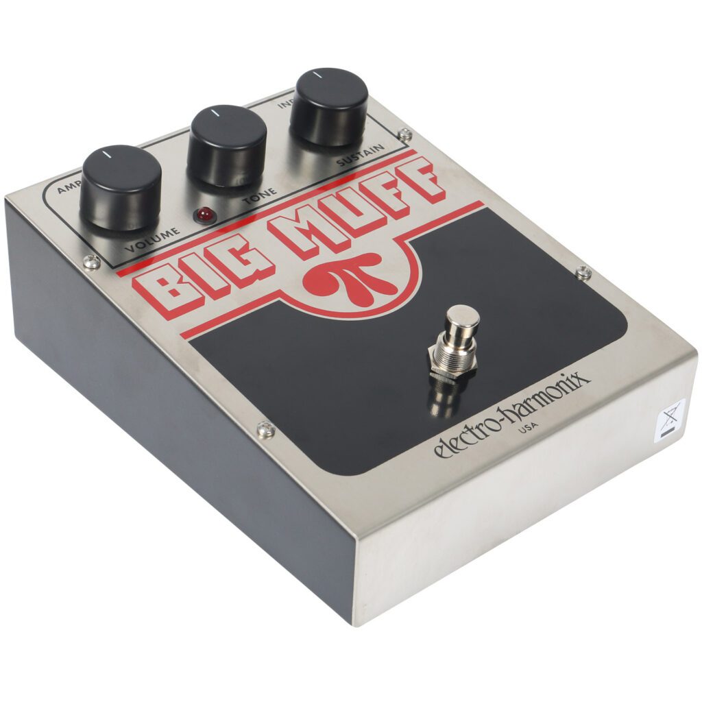 Electro-Harmonix Big Muff Pi Fuzz Pedal chrome with 3 control knobs for volume, tone and sustain