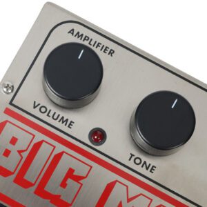 Electro-Harmonix Big Muff Pi Fuzz Pedal chrome with close-up of control knobs for volume, tone