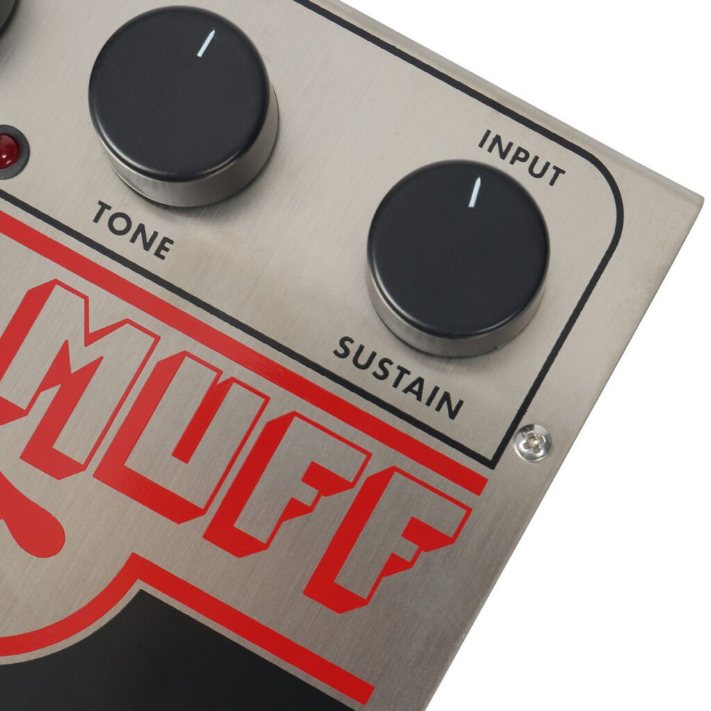 Electro-Harmonix Big Muff Pi Fuzz Pedal chrome with a close-up of knobs for tone and sustain