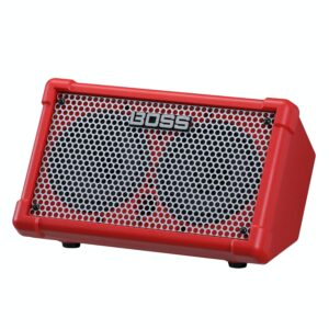 Boss Cube Street II Battery Powered Stereo Amplifier, Portable Amp in Red with silver grill, side view