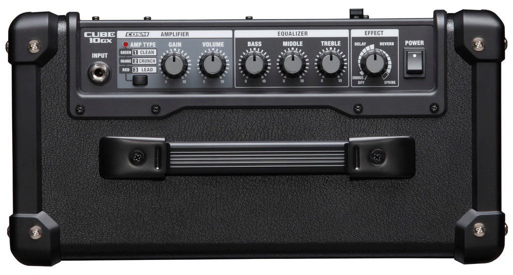 Roland Cube 10 GX Compact 10W Electric Guitar Practice Amp top view of a black amp with 6 knobs and power switch