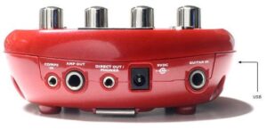 Line 6 Pocket Pod Portable Guitar Amp and FX Processor in red, rear view of cable ports
