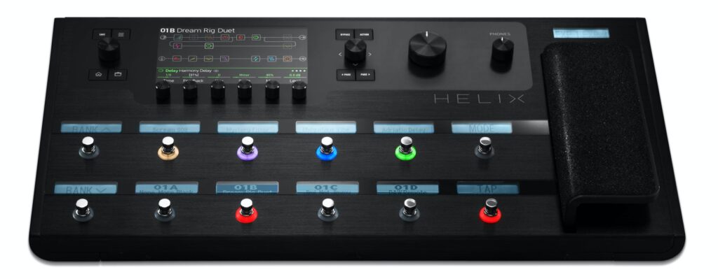 Line 6 Helix Floor Amp & FX Modelling Unit horizontal view of effects and filter pedalboard