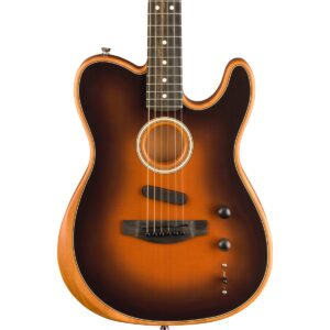 Fender American Acoustasonic Telecaster in Sunburst vertical view of soundhole on 6-string guitar