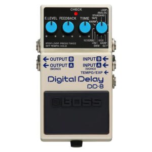 Boss DD8 Digital Delay Pedal in cream, close-up of the front pedal and effects knobs