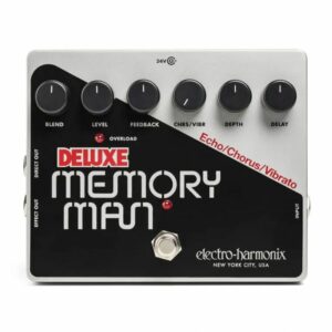 EHX Deluxe Memory Man, black and silver with 6 control knobs for blend, level, feedback, vibrato, depth and delay