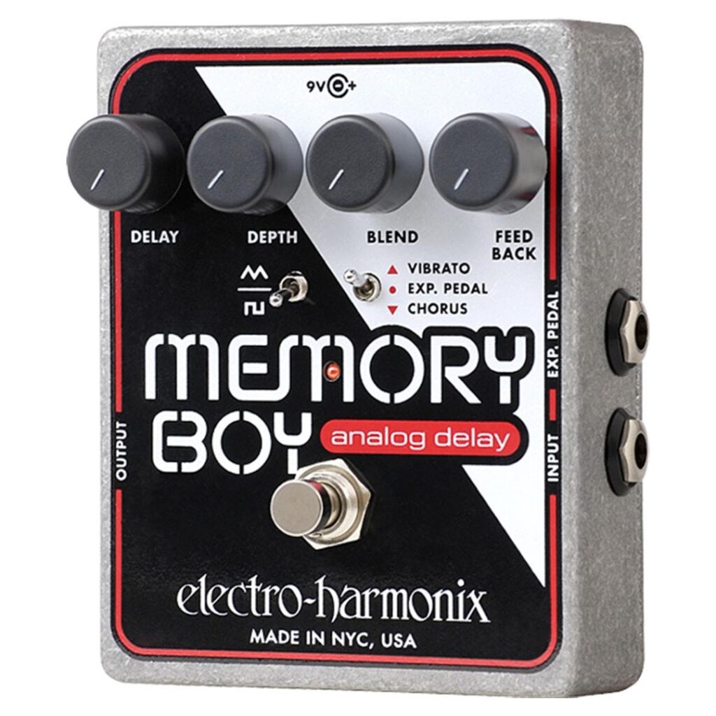 Electro-Harmonix Memory Boy Delay Chorus & Vibrato Pedal with 4 control knobs for the delay, depth, blend and feedback effects