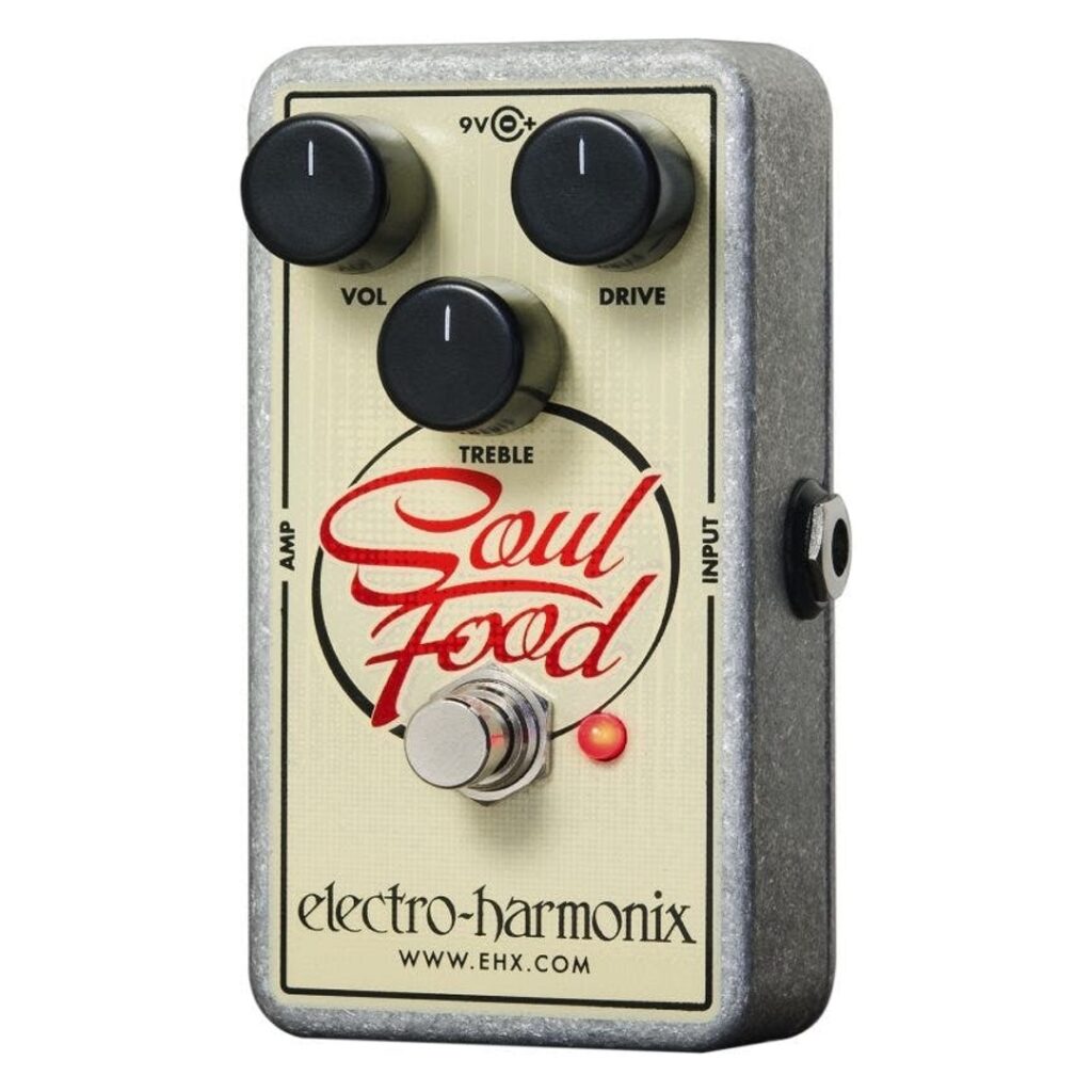 EHX Soul Food guitar pedal with 3 control knobs for volume, drive and treble