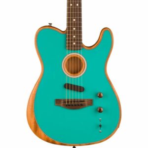 Fender Acoustasonic Player Miami Blue. Standing vertical, close-up of body and soundhole on 6-string guitar