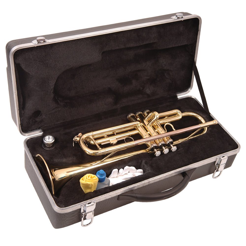 Odyssey Debut 'Bb' Beginner Trumpet Outfit - Trumpet case opened showing trumpet inside