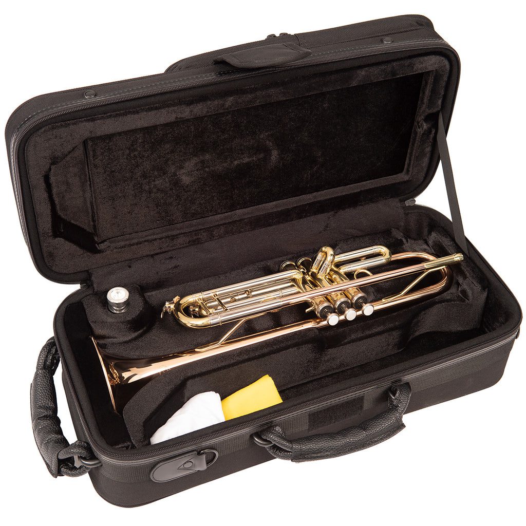Odyssey Premiere 'Bb' Trumpet Case opened displaying brass trumpet
