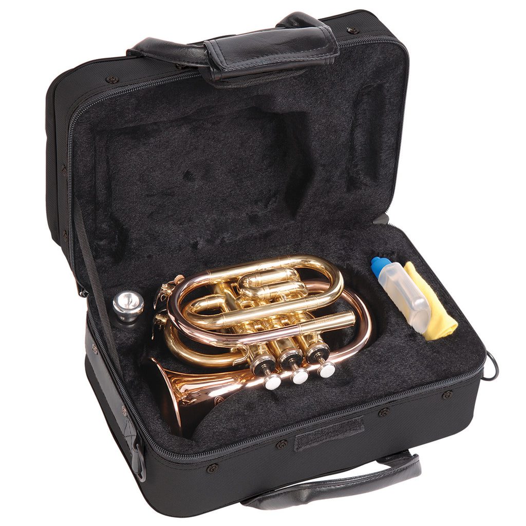 Odyssey Premiere 'Bb' Pocket Trumpet in opened dark brown case.