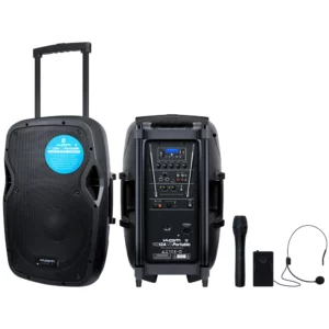 Black KAM Portable 12" Speaker with Bluetooth® ~ 800w. Showing front and rear of speaker and wireless microphone and headset.