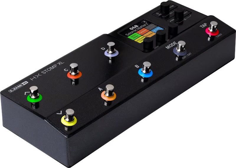 Line 6 HX Stomp XL Helix Effects Processor Pedal diagonal left to right of black stomp pedal