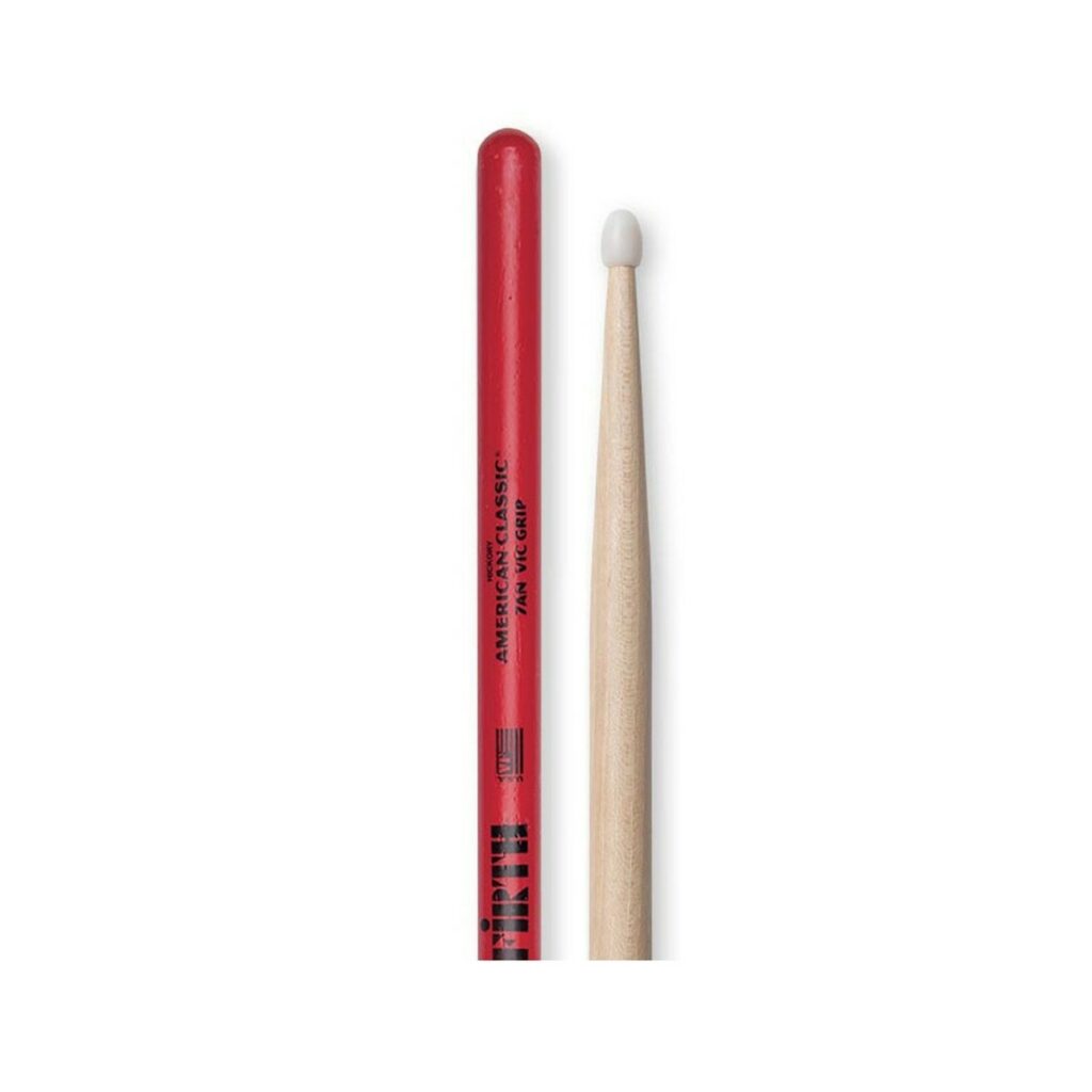 Vic Firth American Classic 7A NVG Drumstick, Nylon Tip with Vic Grip close-up of white tip and red handle on 2 drumsticks