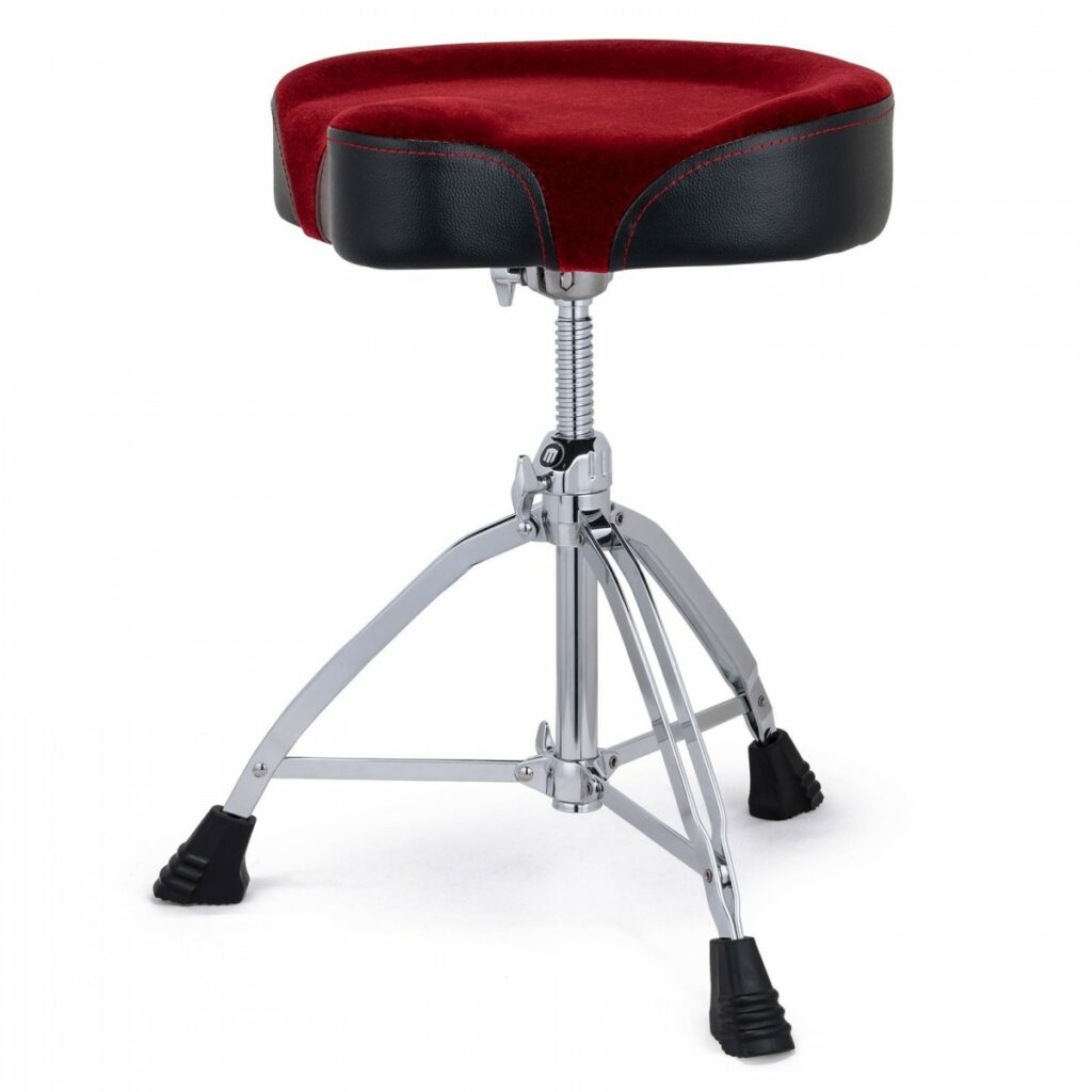 Mapex T865 Saddle w/Red Cloth Top Drum Throne. 3 legs with black feet support the seat