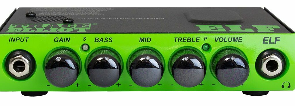 Trace Elliot El Bass Amp. Black and green amp with 5 control knobs for gain, bass, mid, treble and volume control and 2 phono jacks