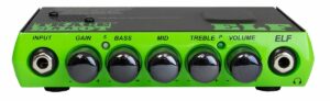 Trace Elliot El Bass Amp. Black and green amp with 5 control knobs for gain, bass, mid, treble and volume control and 2 phono jacks