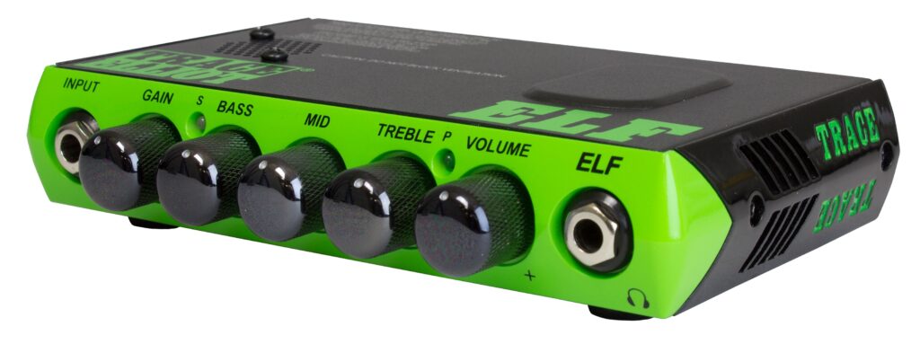 Trace Elliot El Bass Amp. Black and green amp with 5 control knobs for gain, bass, mid, treble and volume control