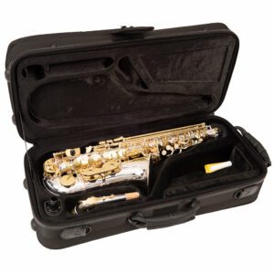 An open black carry case for Odyssey Premiere 'Eb' Alto Saxophone Outfit showing Silver/Gold saxophone
