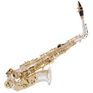 Odyssey Premiere 'Eb' Alto Saxophone Outfit ~ Silver/Gold. Displayed diagonally with mouth piece at top
